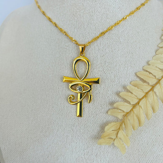 Ankh Cross Necklace with Eye of Horus (Gold)