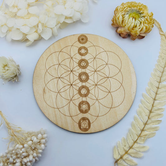 Wooden Charging Disc - Flower of Life + 7 Chakras