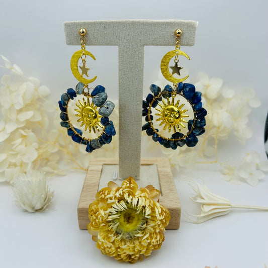 Large Hoop Earrings - Lapis Lazuli with Sun/Moon/Star (Gold)