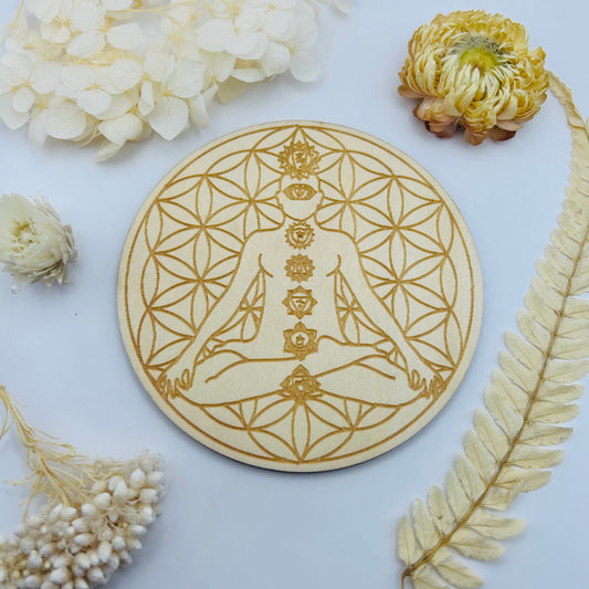 Wooden Charging Disc - Flower of Life + 7 Chakras