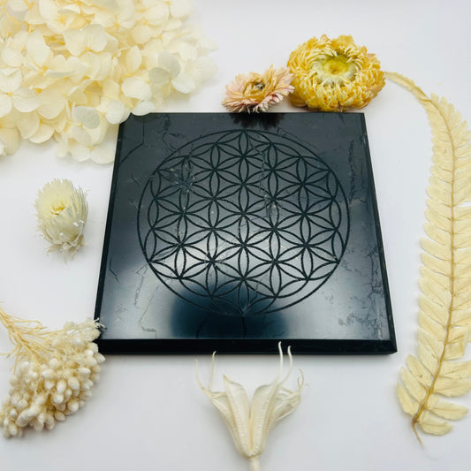 Shungite Plate with Flower of Life (AA)