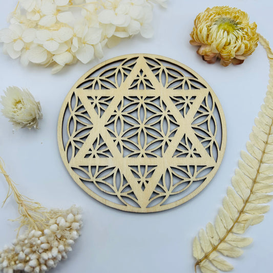 Wooden Charging Disc - Flower of Life + Star of David