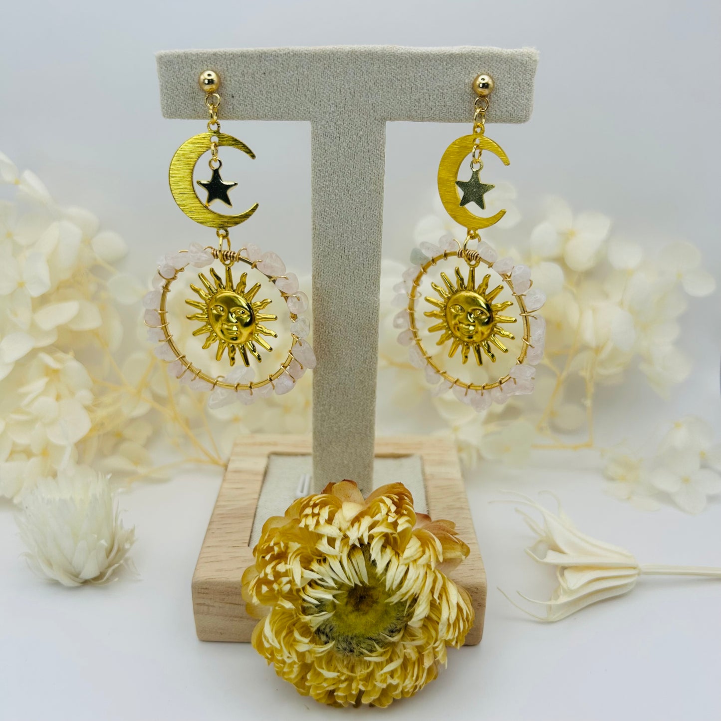 Large Hoop Earrings - Rose Quartz with Sun/Moon/Star (Gold)