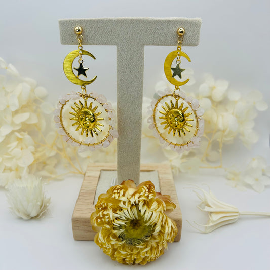 Large Hoop Earrings - Rose Quartz with Sun/Moon/Star (Gold)