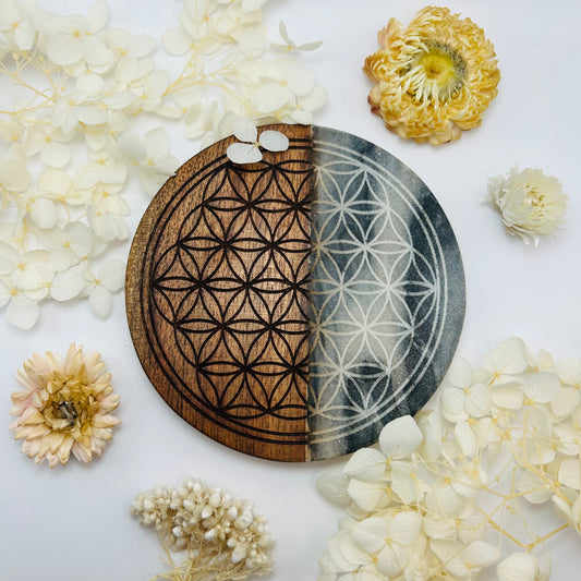 Plaque de charge en Bois/Marbre - Fleur de Vie