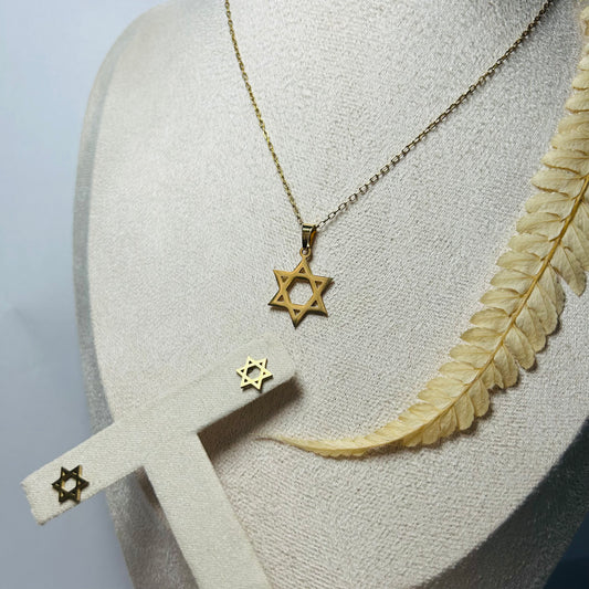 Ensemble collier/boucles d’oreilles Étoile de David (doré)