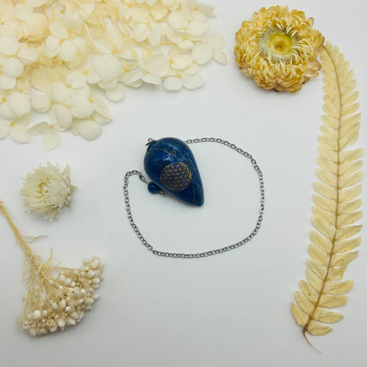 Pendule gravé Fleur de Vie - Lapis Lazuli (argenté)