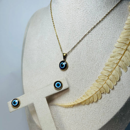 Ensemble collier/boucles d’oreilles Œil Nazar Boncuk (doré)