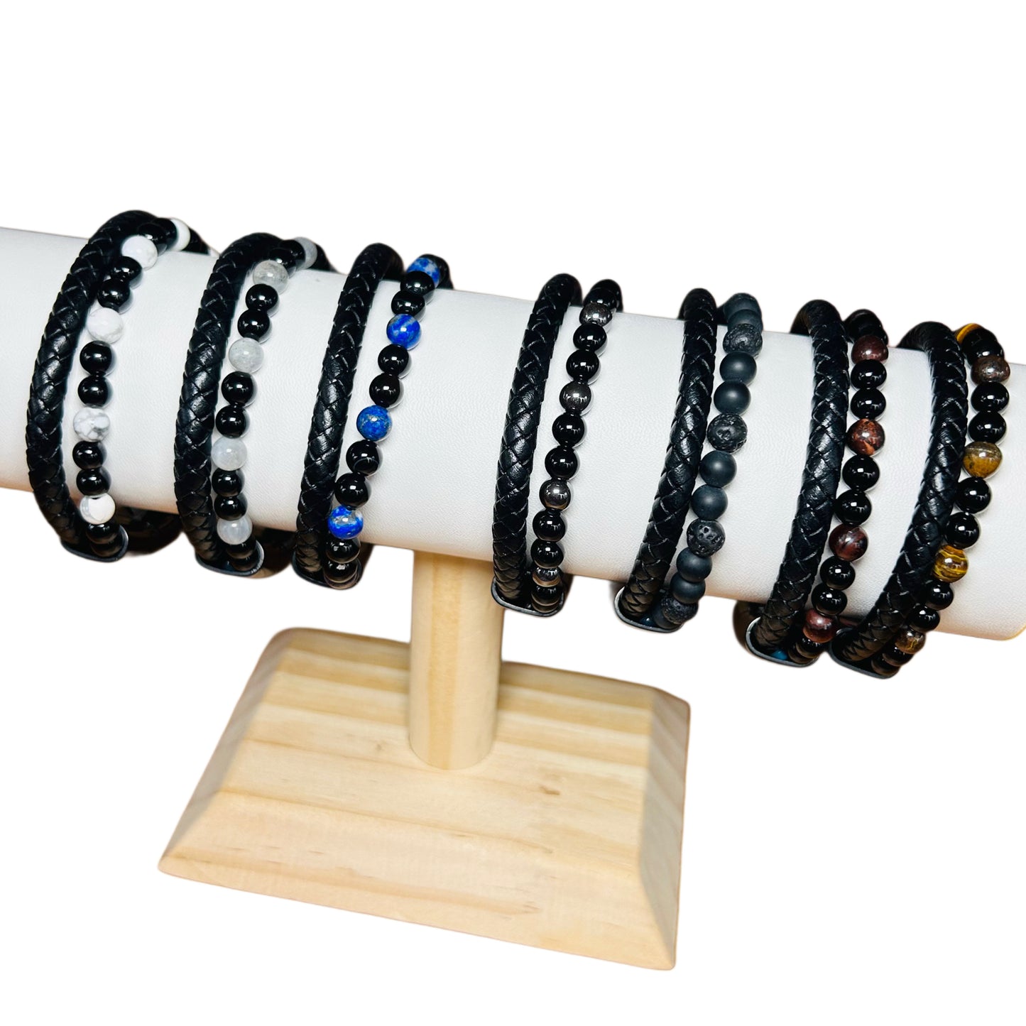 Bracelet Double pour Homme en Cuir et Pierres Naturelles A